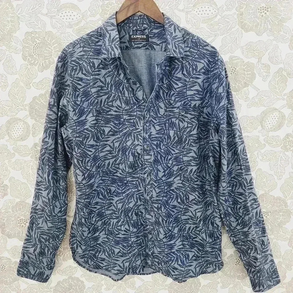 Express Cotton Button down Long sleeve  Men's L Leaves Printed All over print - Picture 1 of 6